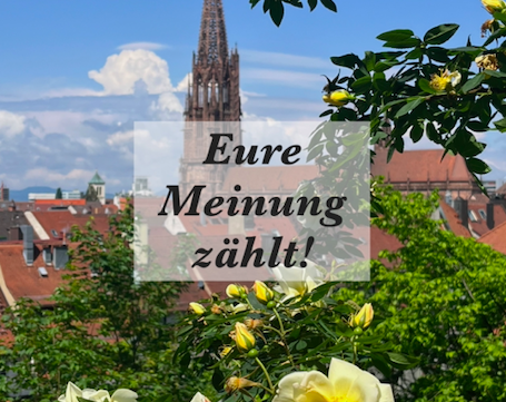 Ein Rosengarten, im Hintergrund der Freiburger Münster. Auf dem Bild der Text: "Eure Meinung zählt!"