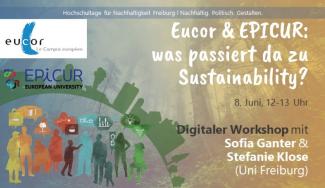 Einige Menschen sind im Gespräch miteinander um Ideen für mehr Nachhaltigkeit auszutauschen. Zudem ist auf dem Bild nochmals der Titel der Veranstaltung vermerkt und die Vortragenden.