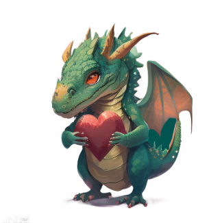 Drache hält ein Herz in den Händen.