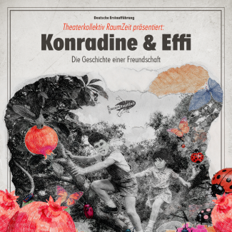 Konradine und Effi rennen durch einen Garten. Granatapfel, Marienkäfer und Wanzen sind rechts uns links im Bild. Das Motiv wirkt wie eine rausgerissene Erinnerung an früher.