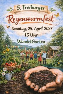 Plakat mit Menschen im Garten und vorne Regenwürmern in zwei Händen